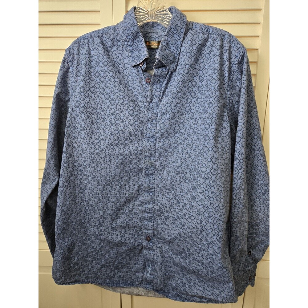Blue Geometric Circle Print Long Sleeve Button Down 100% Cotton Dress Shirt L